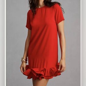 Anthropologie Red Ruffle-Hem Short Sleeve Dress